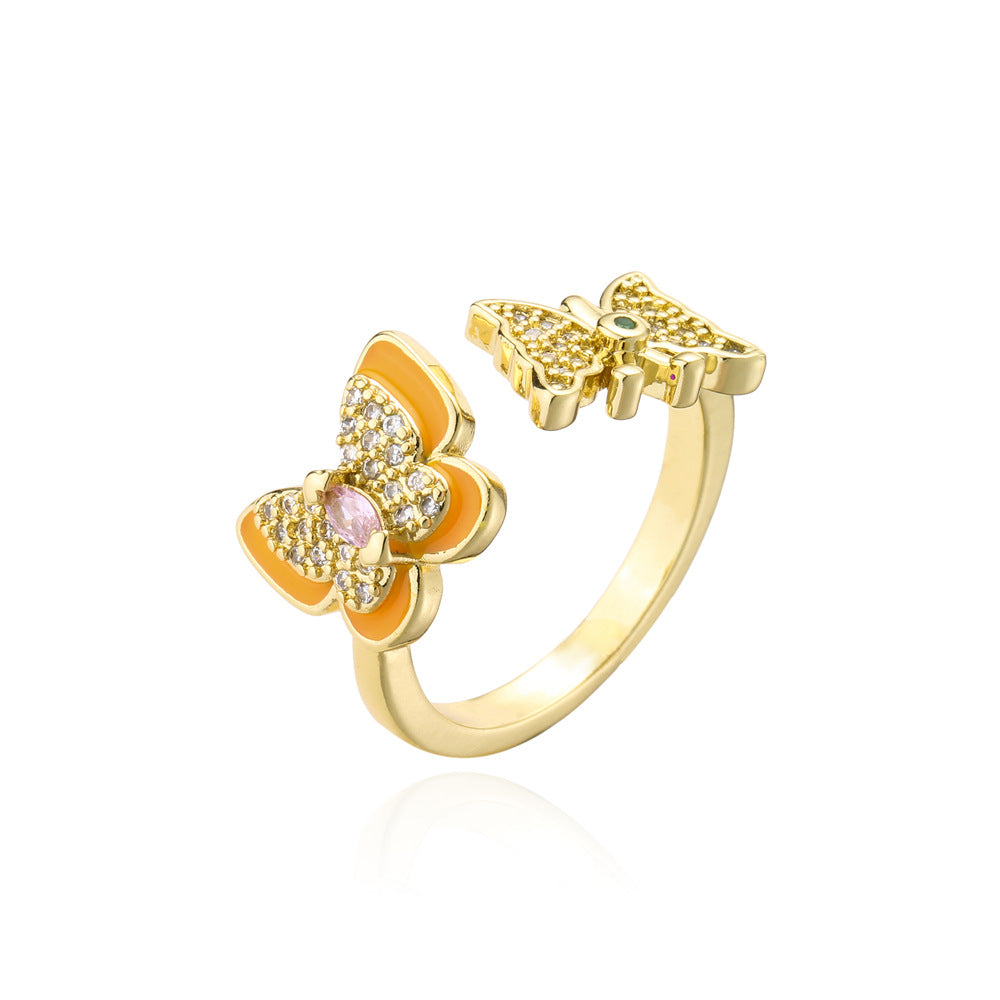 Anello a farfalla aperto stile naturale in rame placcato oro 18K con zirconi micro-incastonati