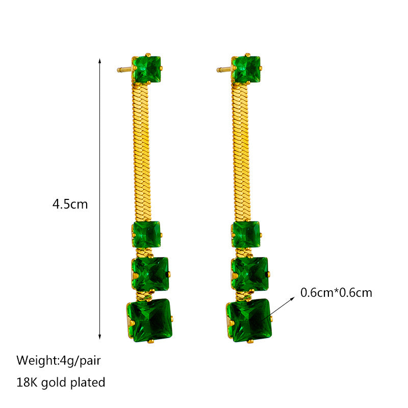 Orecchini a Catena a Lama Geometrica Minimalista Quadrati con Strass Verdi Trasparenti in Acciaio al Titanio con Finitura Placcata