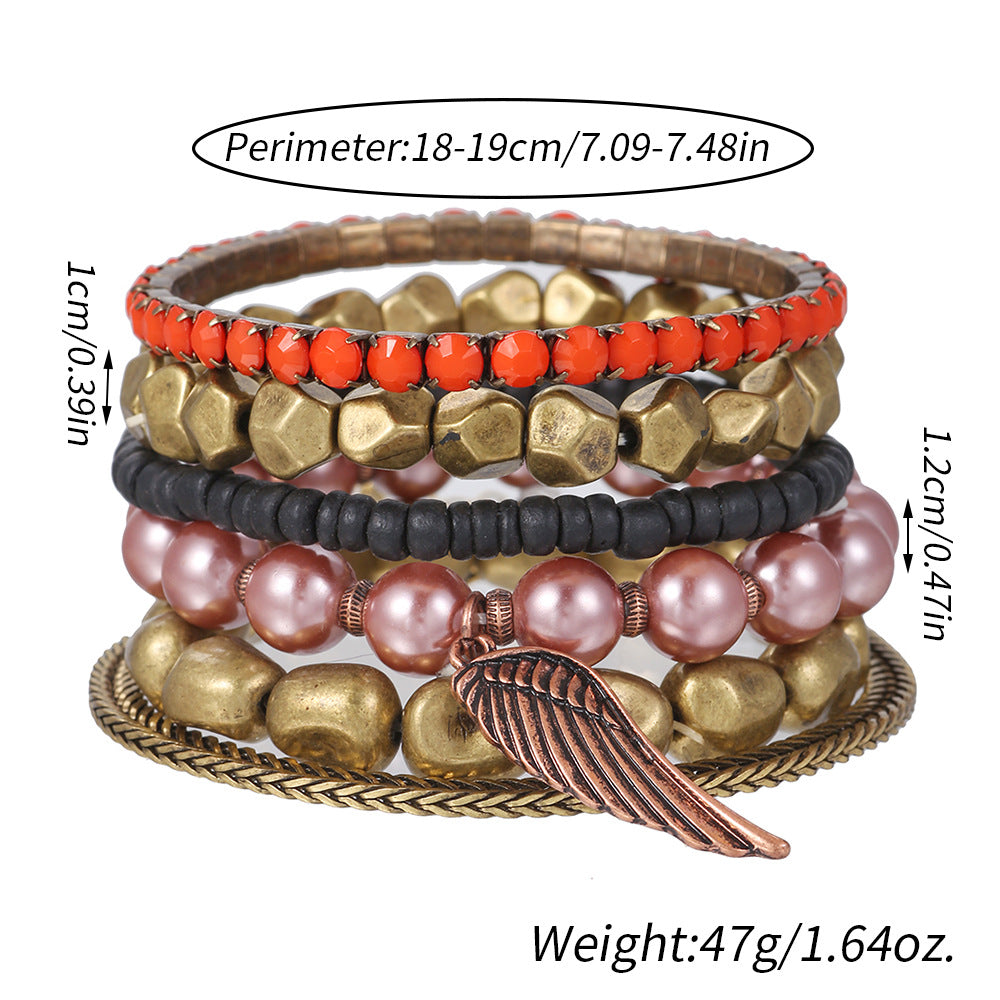 Vintage Bohemian Geometric Round Alloy Acrylic Pearl Bracelet Set