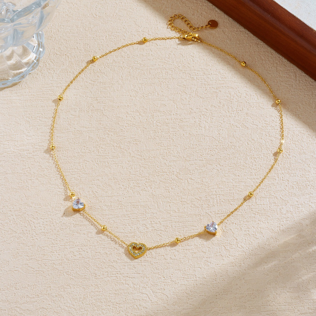Casual Gold Plated Heart Rhinestone Inlay Stainless Steel Necklace for Women