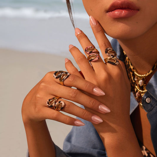 Luxury Style Leopard Print Stainless Steel Adjustable Open Ring with Ribbon Wrap Design