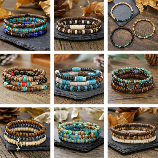 Handmade Round Wood Bead and Alloy Bracelet Unisex Geometric Stackable Jewelry