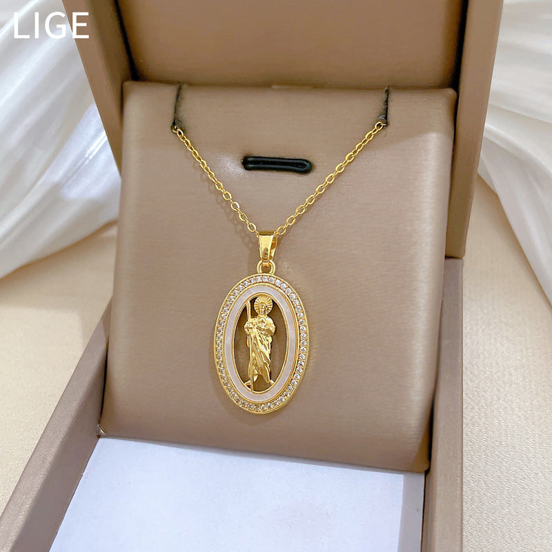 Sweet Oval Geometric Cartoon Portrait Shell Rhinestone Pendant Titanium Steel Necklace for Unisex