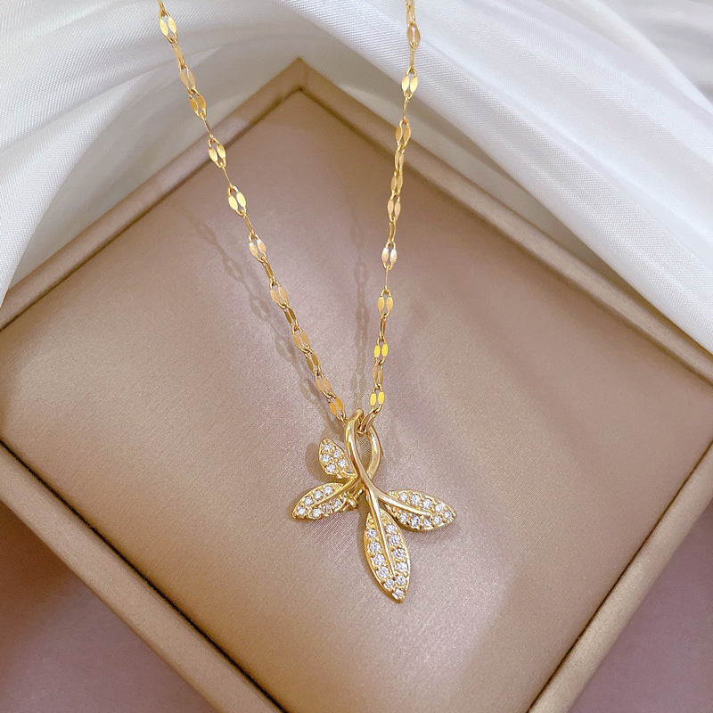 Minimalist Leaf-Shaped Titanium Steel Necklace with Micro-Pavé Rhinestones for Women