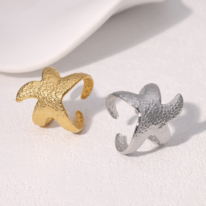 Minimalist 18K Gold Plated Stainless Steel Starfish Open Ring for Women