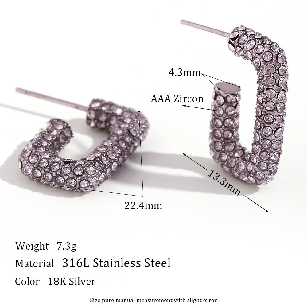 Minimalist Geometric Stainless Steel Ear Studs with 18K Gold Plating and Micro-Pave Zirconia Rectangular Design