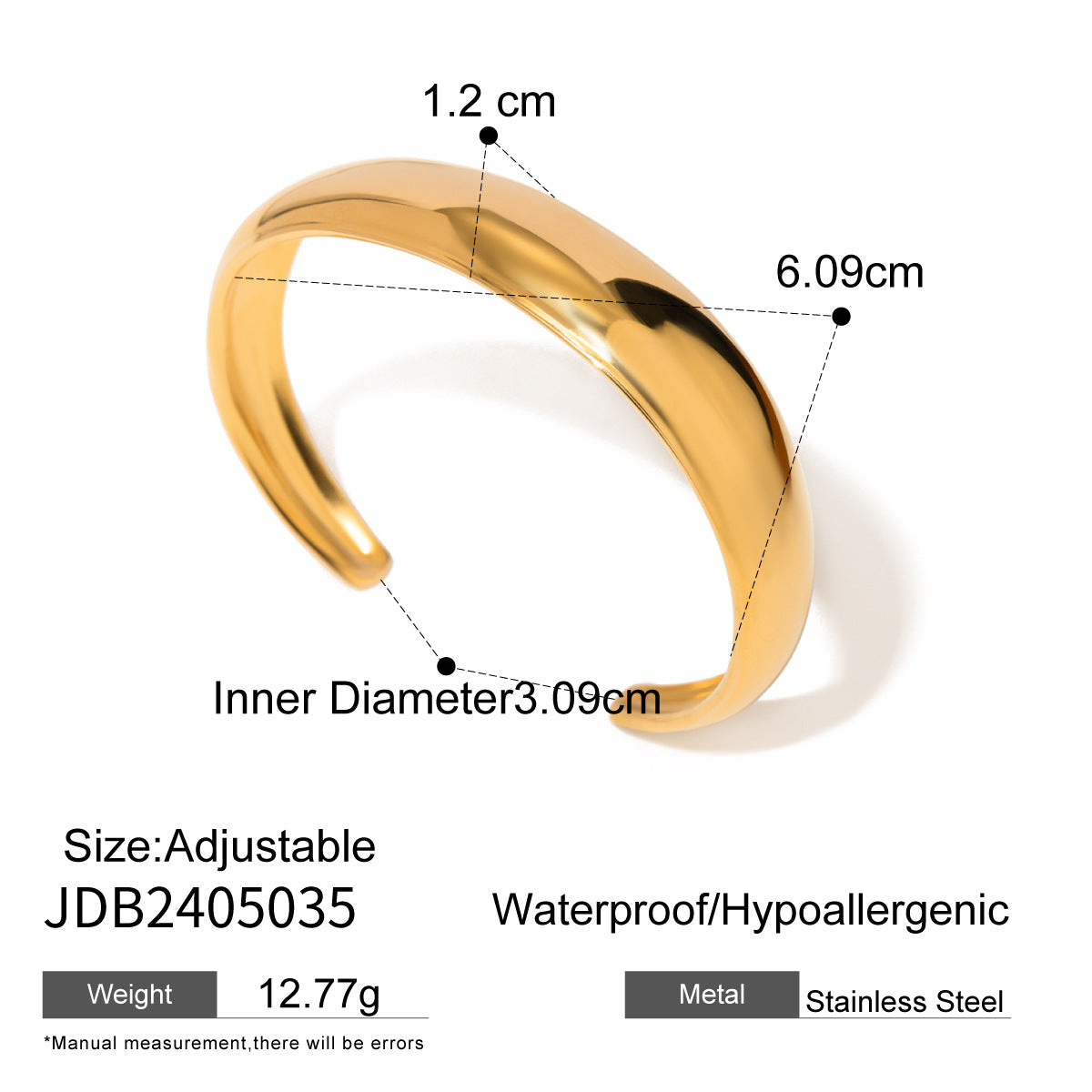 Bracciale a fascia aperta larga geometrica in acciaio inossidabile placcato oro 18 carati stile Ins