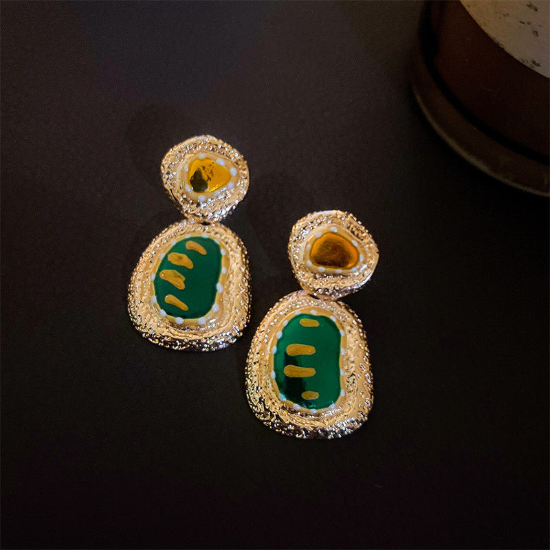 Vintage Floral Oval Enamel Earrings with Silver-Plated Copper Base and 14K Gold Posts for Women