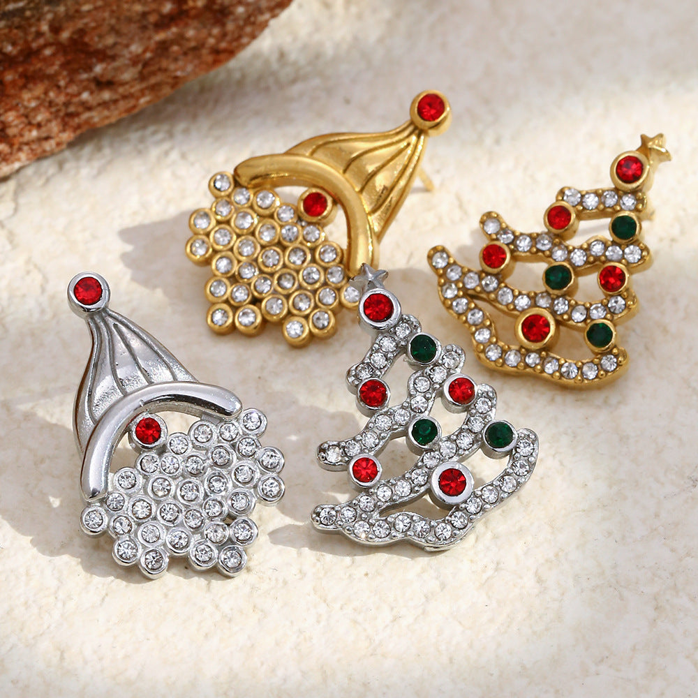 Orecchini da donna minimalisti geometrici a tema natalizio in acciaio inossidabile con placcatura in oro 18 carati e dettagli in strass colorati