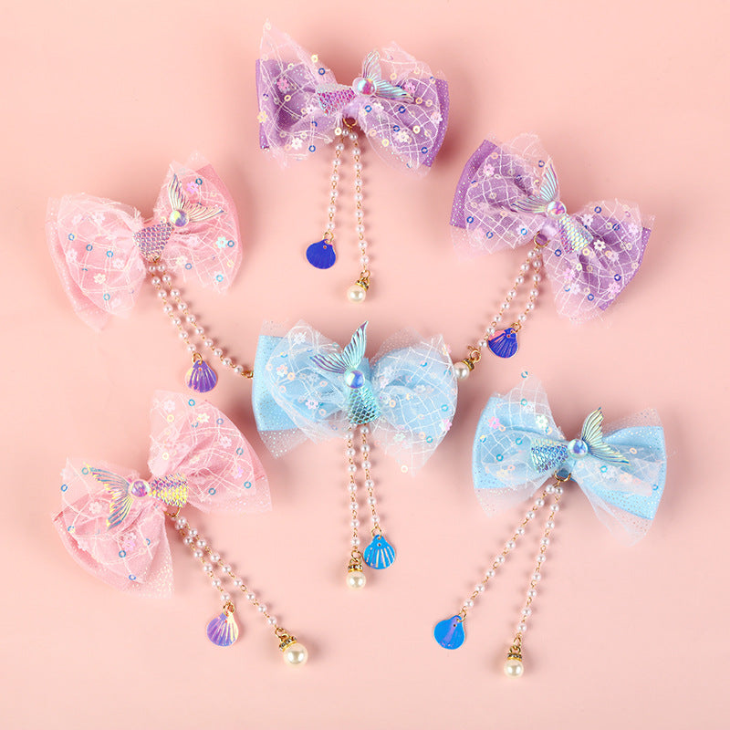 Fermaglio per Capelli a Fiocco Dolce per Bambini con Dettagli in Perle e Nappine in Tessuto, Stile Principessa Sirena