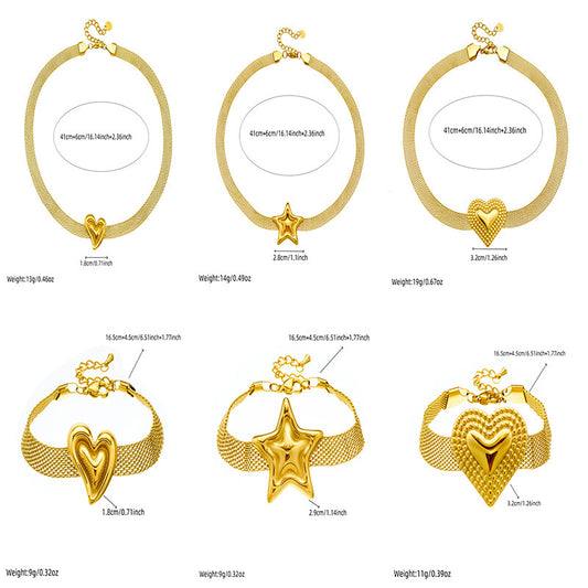 Minimalist Gold Plated Stainless Steel Heart Star Mesh Chain Necklace Set for Women