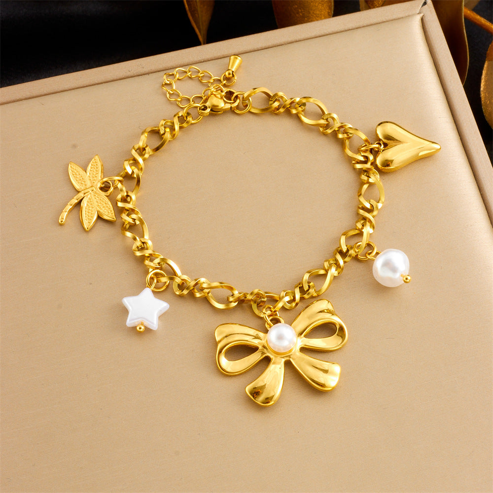 Elegant Gold Plated Stainless Steel Bow Heart Dragonfly Star Pearl Pendant Bracelet for Women