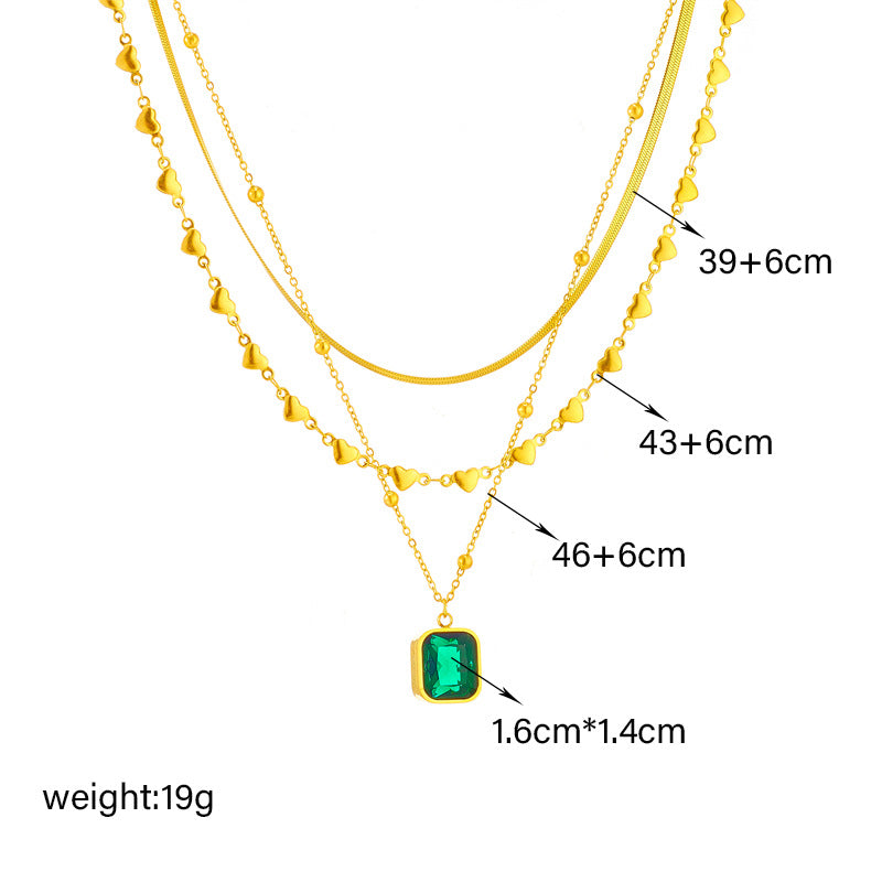 Fashionable Multi-Layer Heart and Square Pendant Necklace in Titanium Steel with Rhinestone Inlay on Snake Chain for Women