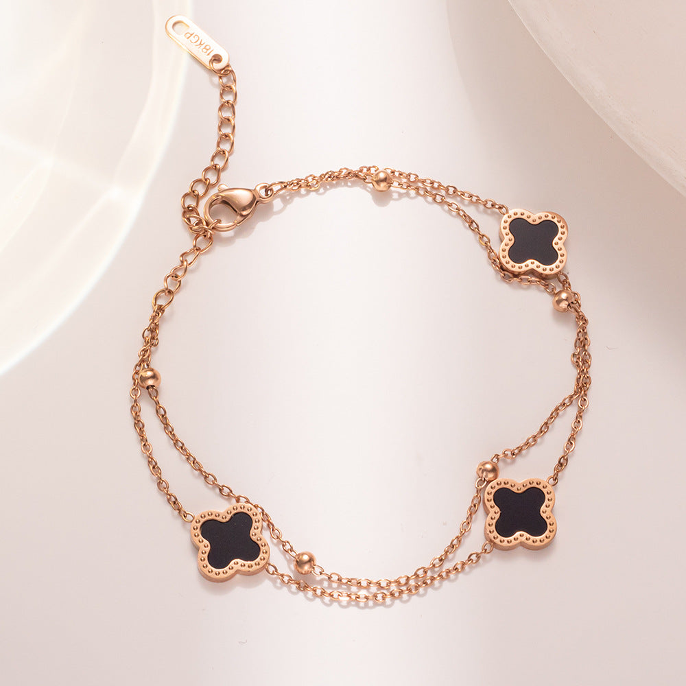 Fashion Double Layer Four Leaf Clover Bracelet 18K Rose Gold Plated Titanium Steel Geometric Design Women Jewelry