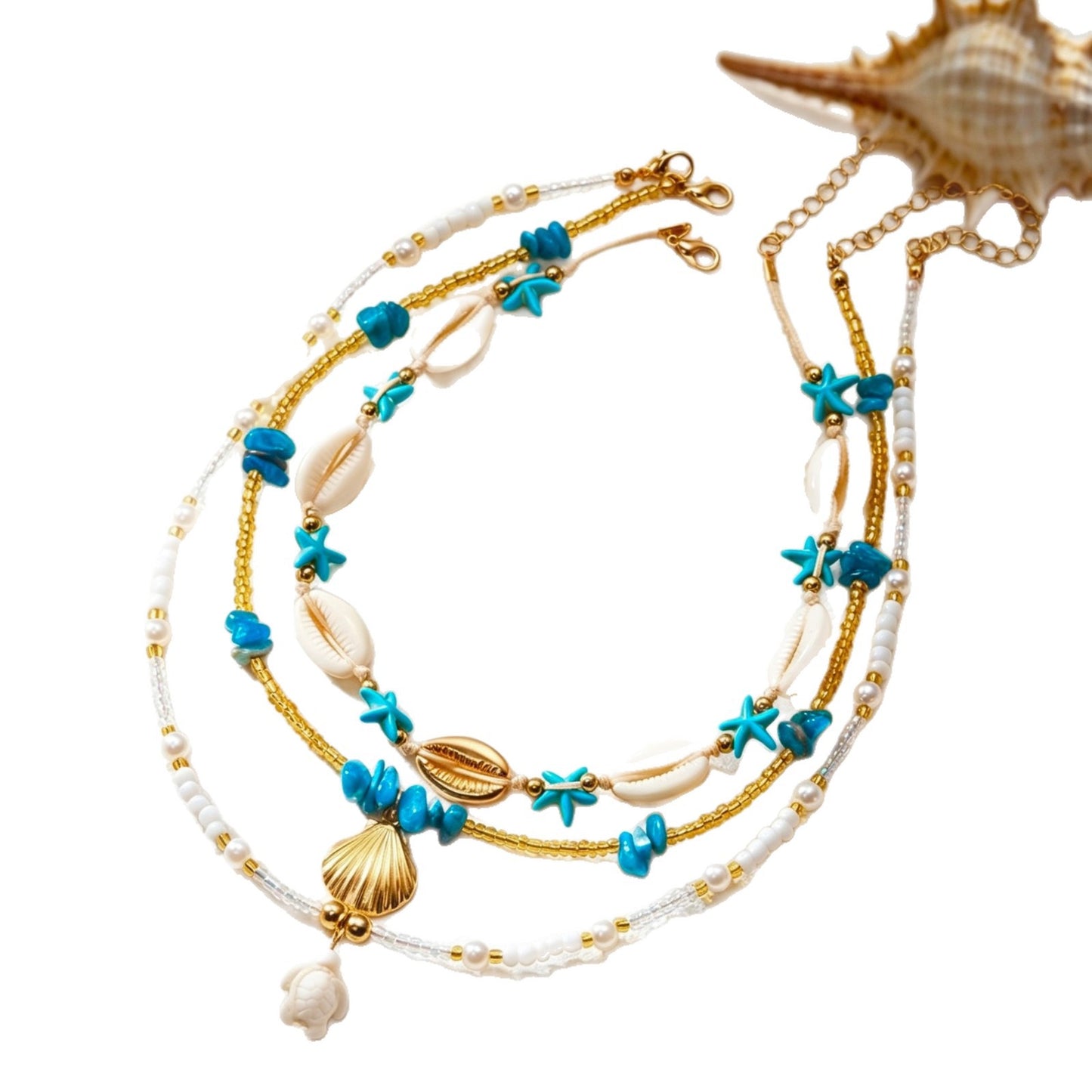 Collar multicapa informal con dije de estrella y concha con baño de aleación para mujer