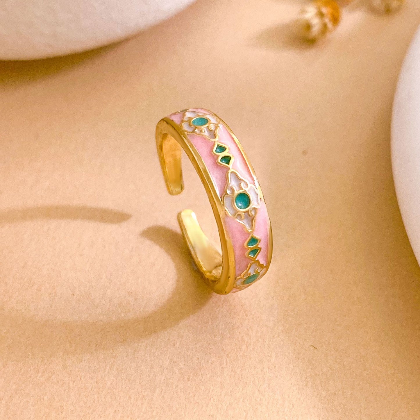 Vintage Sweet Geometric Polka Dot Gold Plated Brass Adjustable Ring for Women