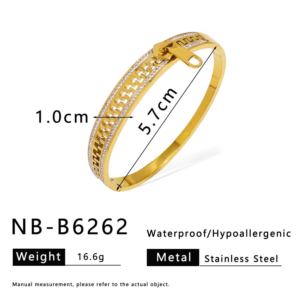Vintage Geometric Stainless Steel Hollow Bracelet with Rhinestone Inlay and 18K Gold Plating