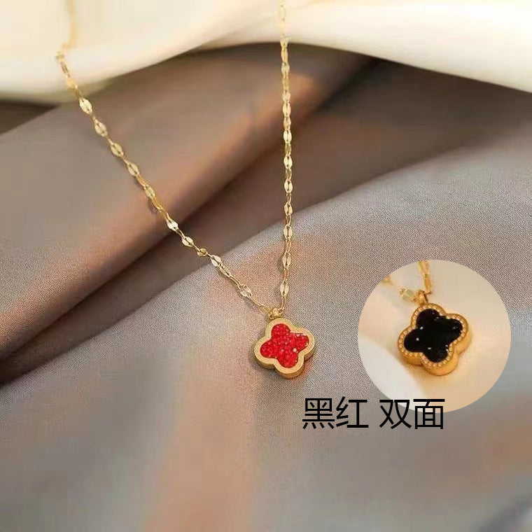 Collana pendente con quadrifoglio in acciaio al titanio placcato oro rosa 18 carati minimalista di lusso da donna