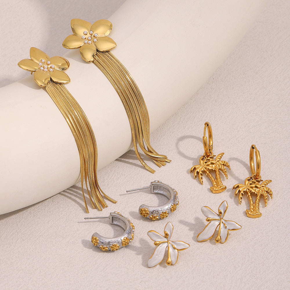 Fashionable OL Style Floral and Palm Tree Stud Earrings in Stainless Steel with 18K Gold Plating and Enamel Finish for Women