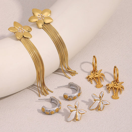 Fashionable OL Style Floral and Palm Tree Stud Earrings in Stainless Steel with 18K Gold Plating and Enamel Finish for Women