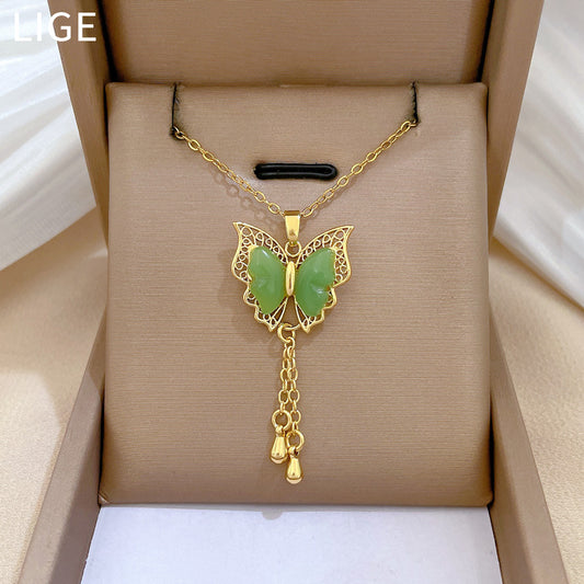 Elegant Butterfly Pendant Necklace in Titanium Steel with Green Accents and Fringe Detail for Women