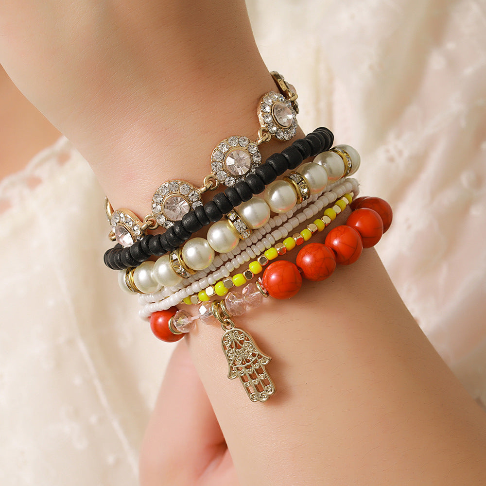 Bohemian Geometric Turquoise Rhinestone Wood Pearl Beaded Bracelet for Women