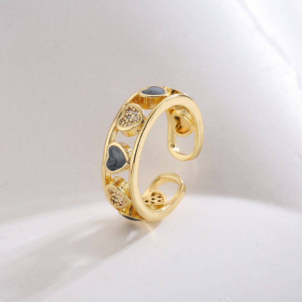 Anello geometrico minimalista in rame placcato oro 18K con intarsio a cuore in strass da donna