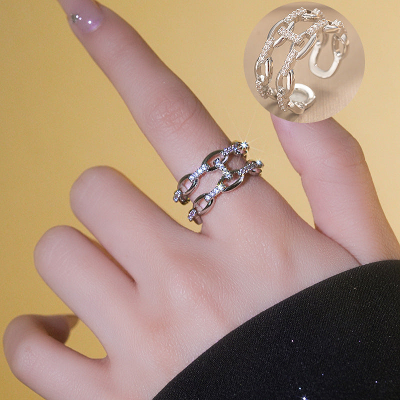 Minimalist Geometric Copper Ring with Micro-Pave Zirconia for Women Adjustable Double-Layer Finger Ring
