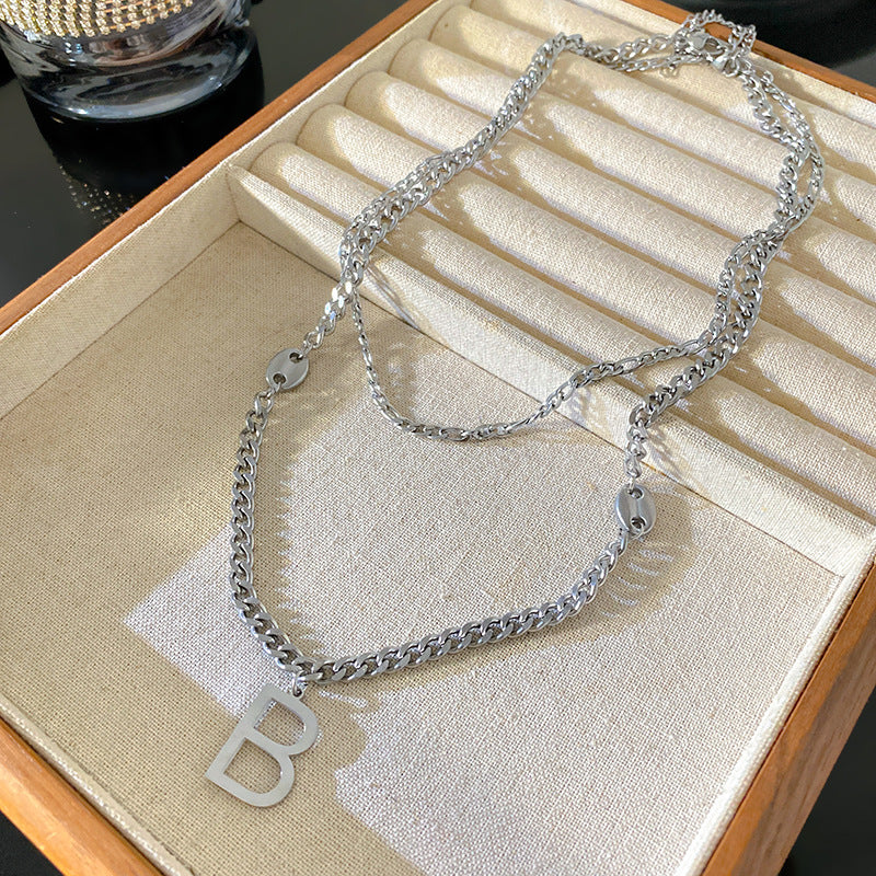 Minimalist Titanium Steel Letter B Layered Necklace Plated Pendant Chain Unisex Jewelry