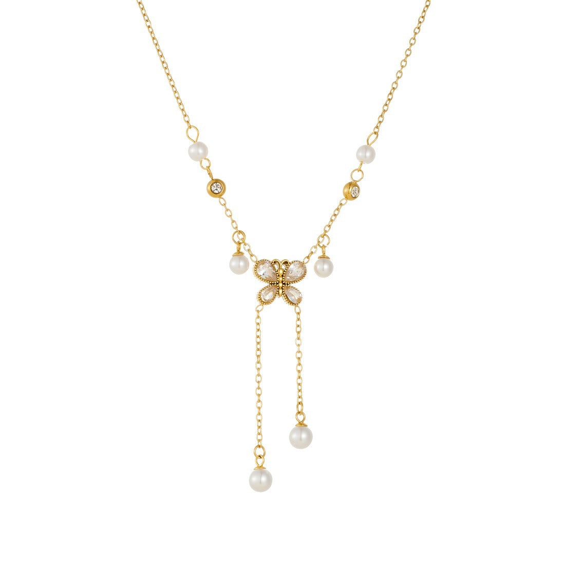 Elegant Butterfly Rhinestone and Imitation Pearl Tassel Pendant Necklace Stainless Steel for Women