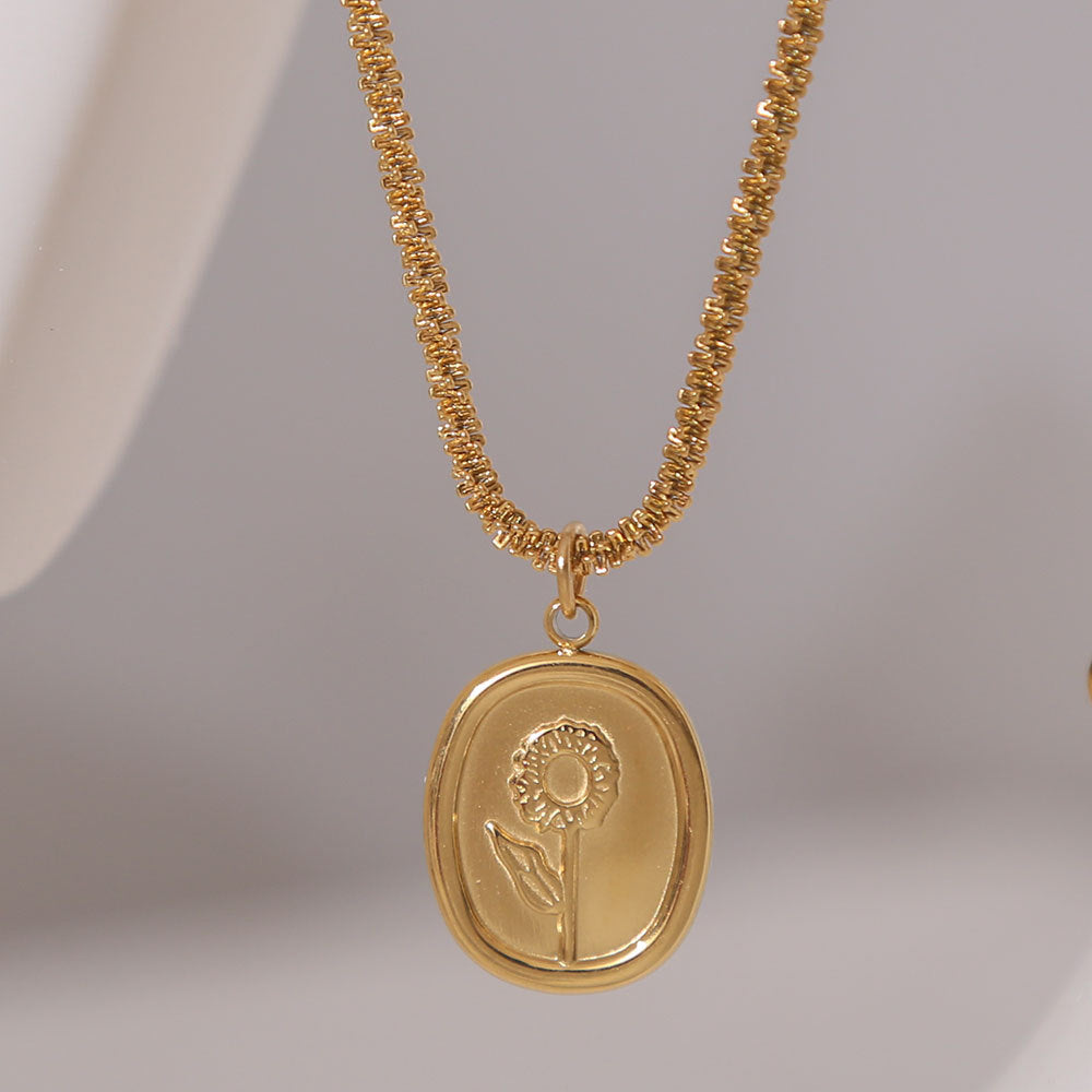 Collana Pendente a Specchio in Acciaio al Titanio con Incisione in Stile Francese Vintage da Donna con Ciondolo Quadrato Geometrico e Placcatura in Oro Rosa
