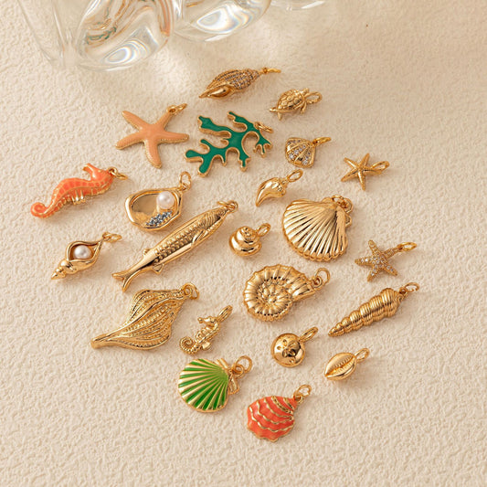 Minimalist Starfish Seahorse Shell Coral Fish Pendant Necklace with Pearl Inlay for Unisex