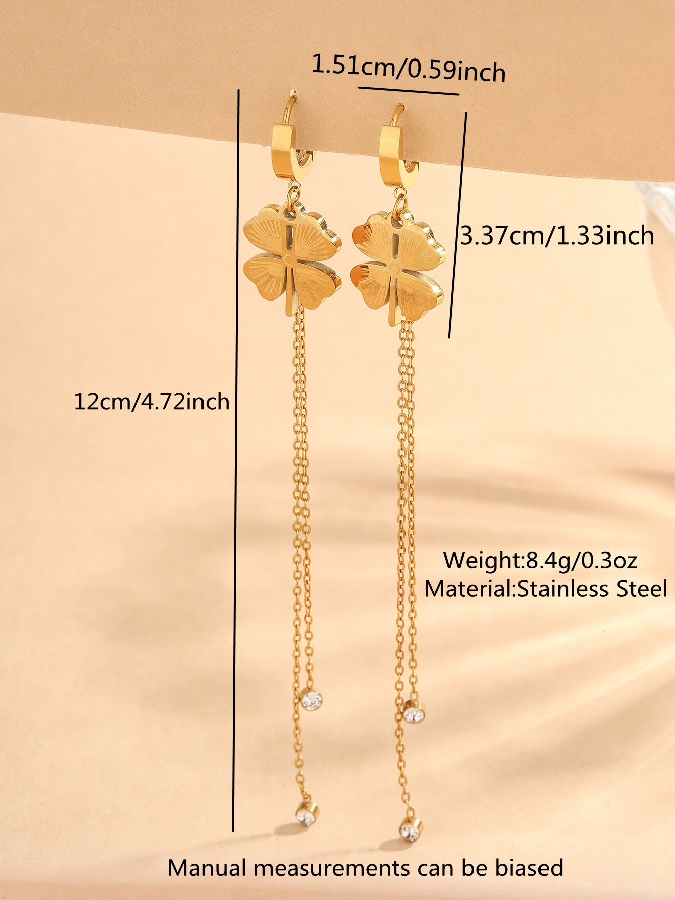 Elegant Stainless Steel Four-Leaf Clover Earrings with Cubic Zirconia and Tassel Design for Women