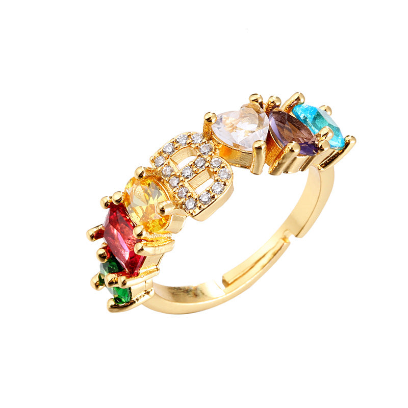 Hand-Set Cubic Zirconia Letter Open Ring Gold Plated Brass Adjustable Women