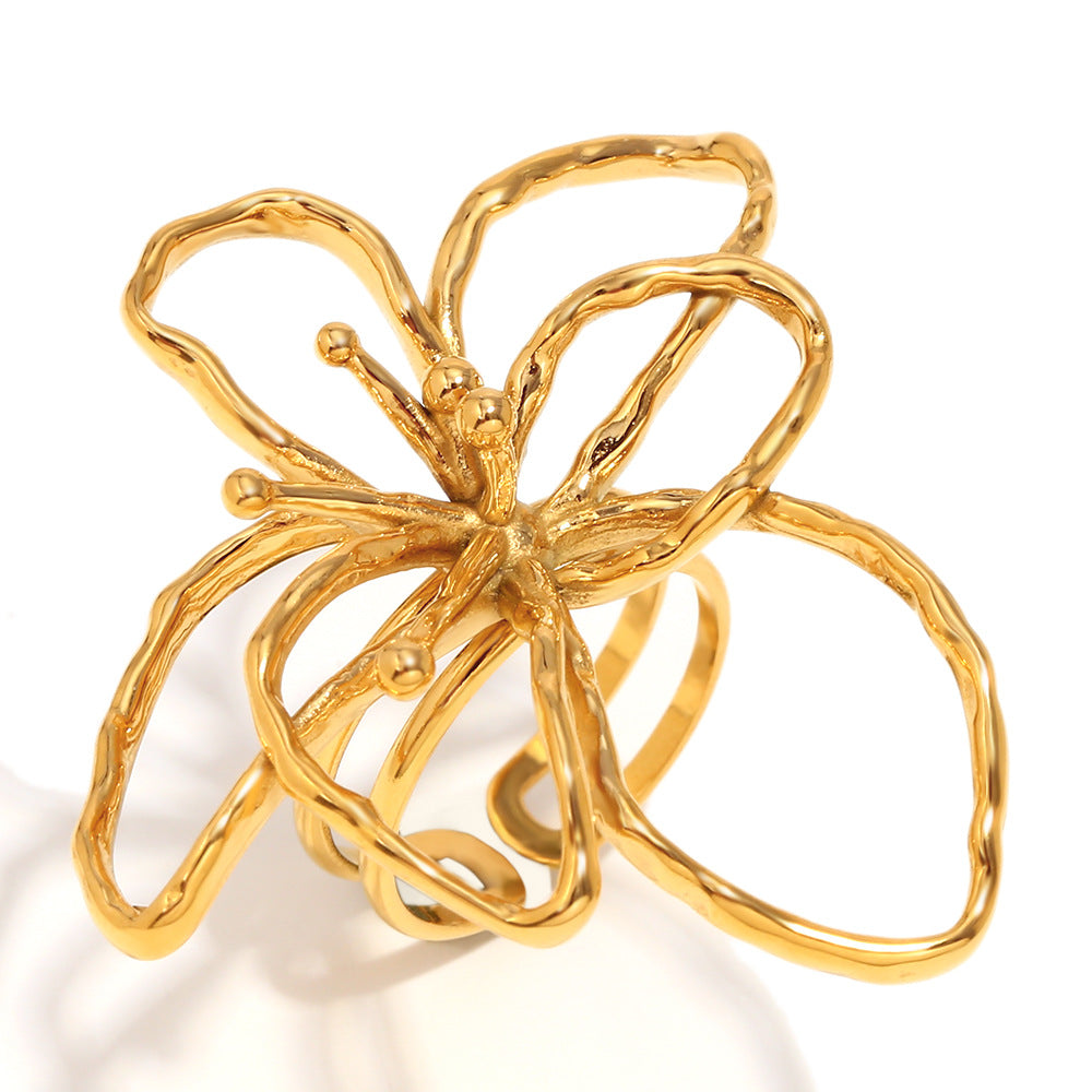 Anello Aperto Floreale Minimalista da Donna in Acciaio Inossidabile Placcato Oro 18K