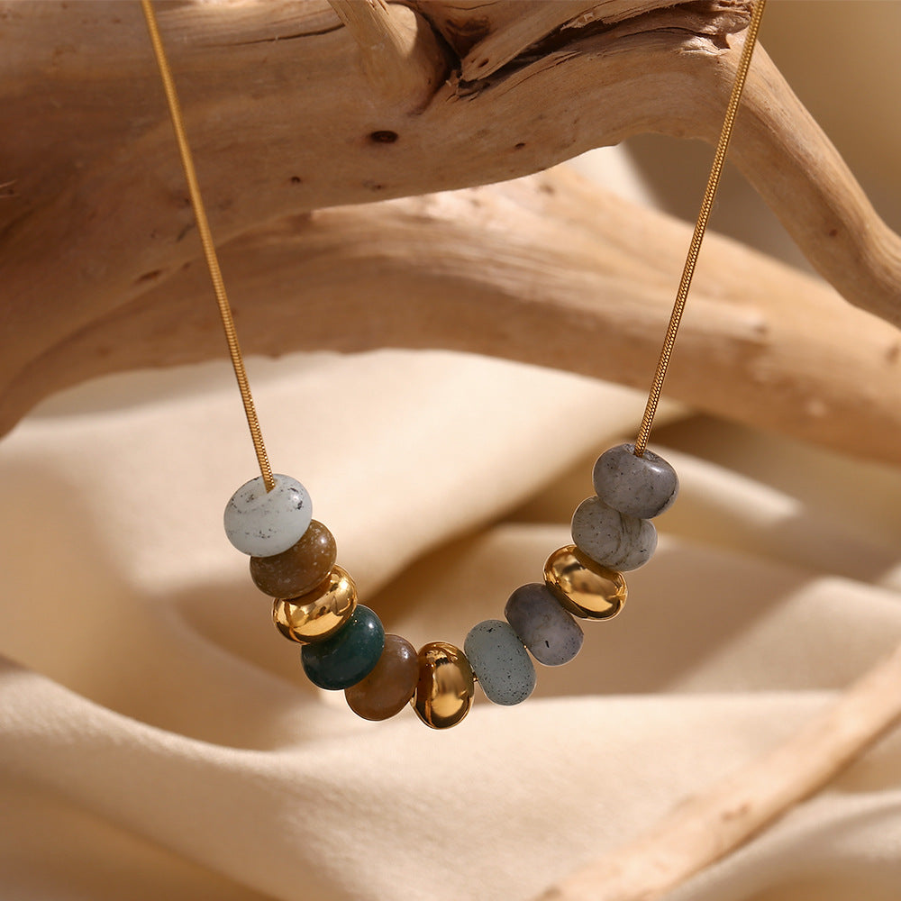 Fashionable Geometric Stainless Steel Plated 18K Gold Necklace for Women with Natural Stone Beads and Snake Chain
