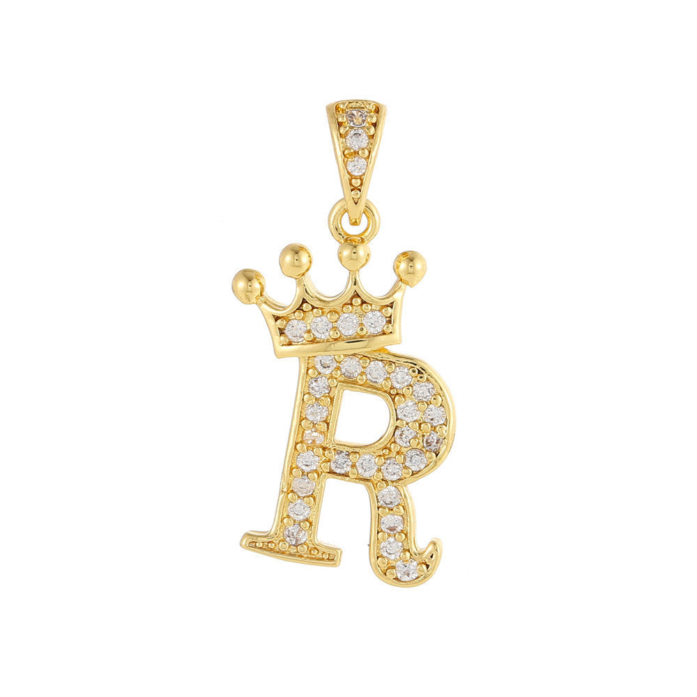 Gold Plated Brass Crown Letter Charm Bar with Cubic Zirconia for DIY Necklace Bracelet