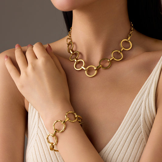 Conjunto de Joyería de Oficina de Moda para Mujer: Collar Redondo Minimalista de Acero de Titanio con Acabado Chapado