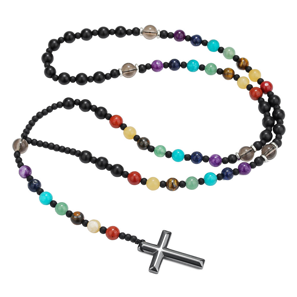 Bohemian Multicolor Natural Stone Beaded Cross Necklace for Men and Women