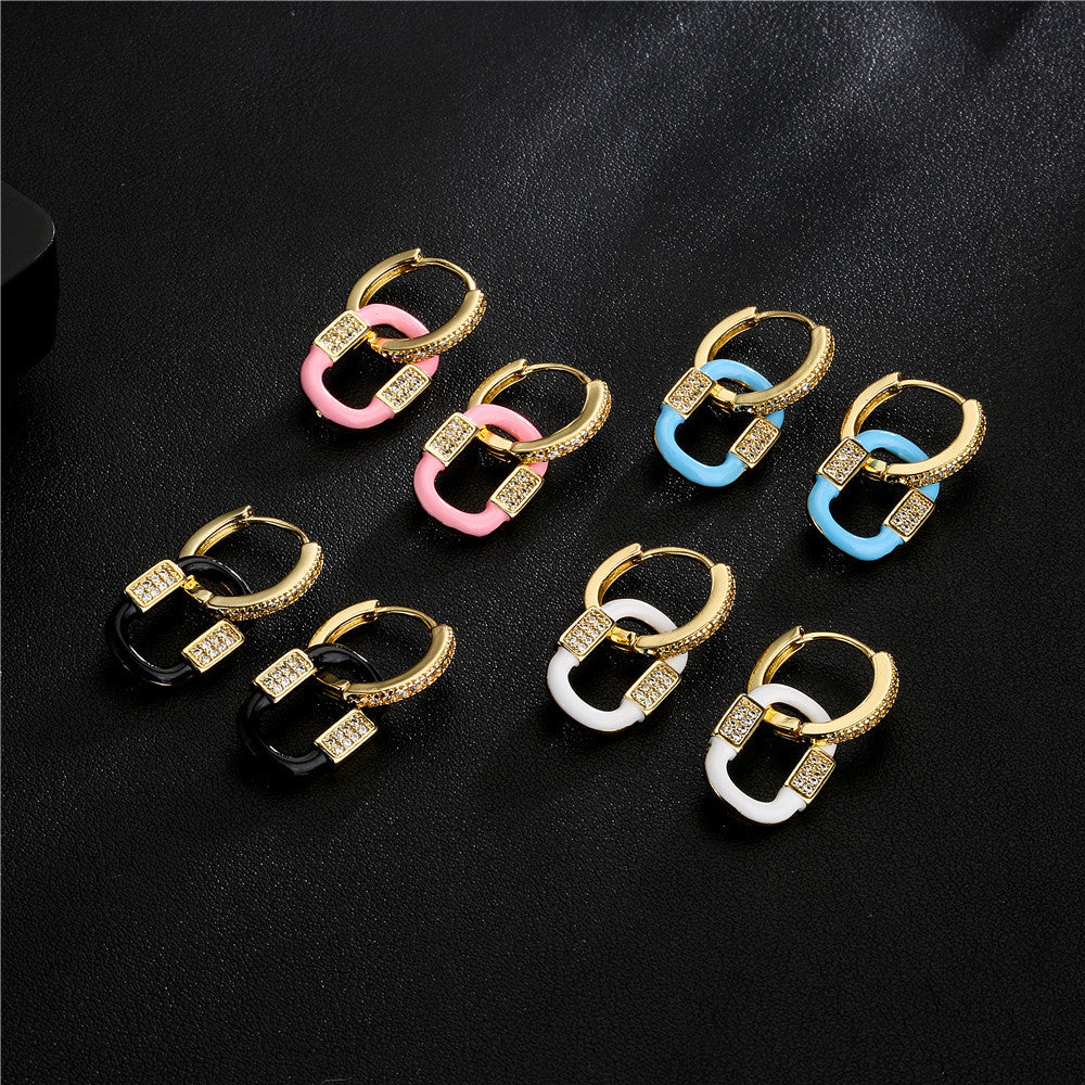 Vintage Minimalist Geometric Drip Oil Cubic Zirconia 18K Gold Plated Brass Earrings