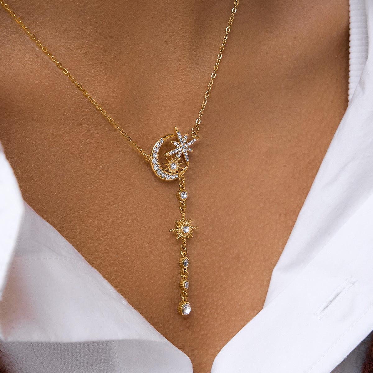 18K Gold Plated Stainless Steel Geometric Rose Y-Chain Necklace for Women