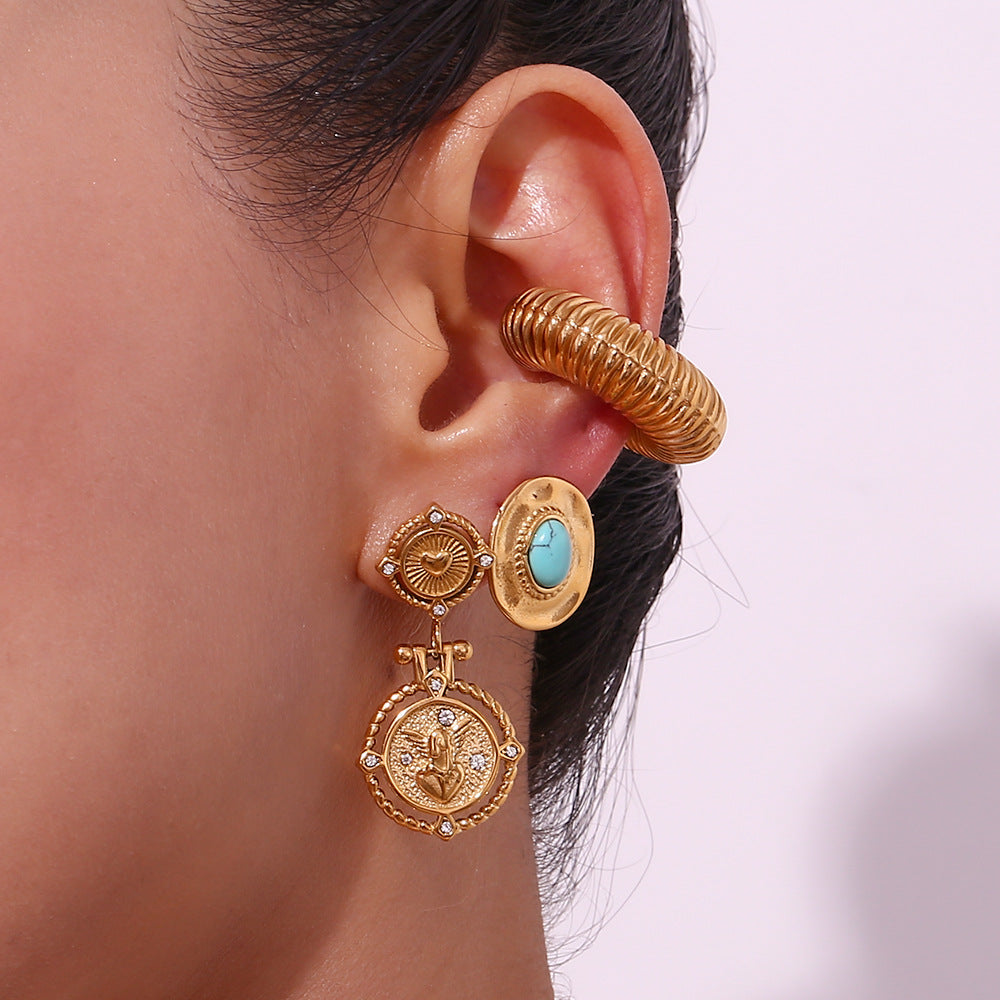 Orecchini a moneta a cuore d'angelo vintage in acciaio inossidabile placcato 18K con strass, stile francese geometrico, da donna