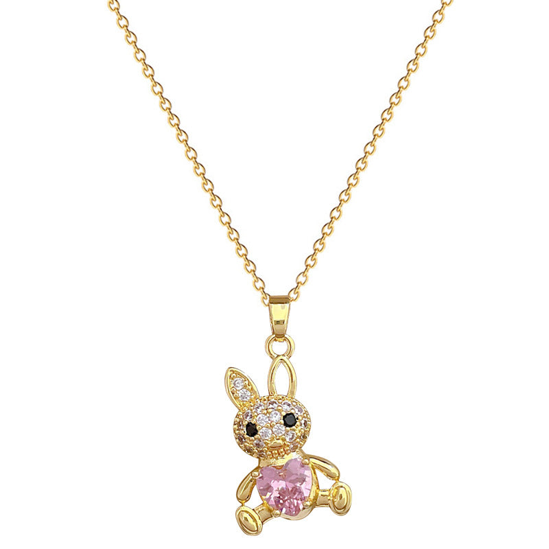 Sweet Elegant Geometric Rabbit Rhinestone Plated Titanium Steel Necklace and Earring Set for Women