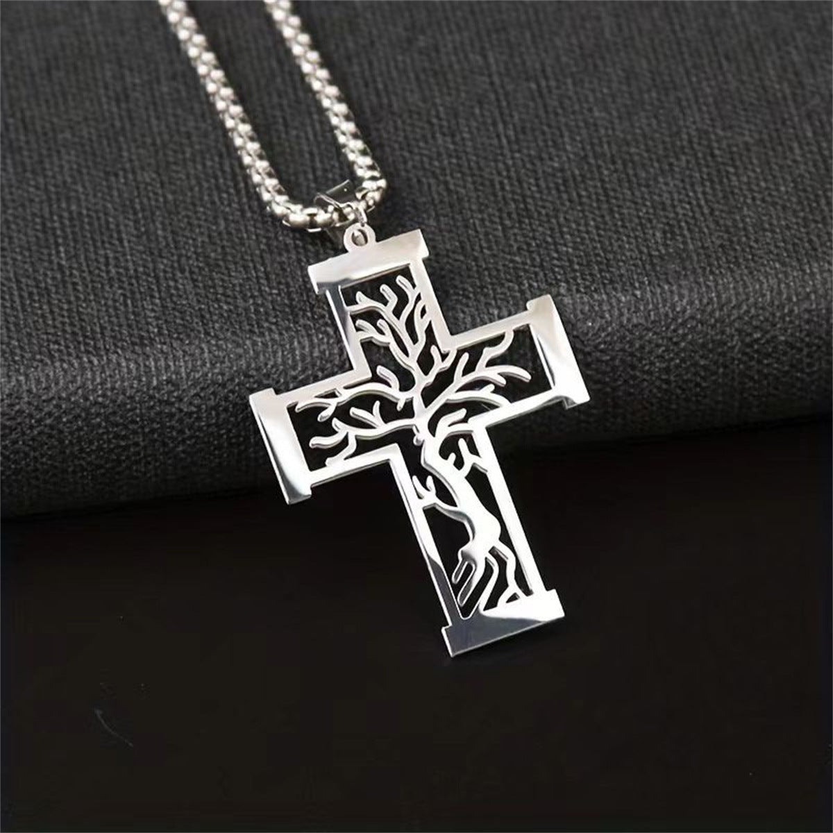 Minimalist Geometric Tree of Life Pendant Necklace in Stainless Steel with Polished Titanium Steel Charm on Standard Chain