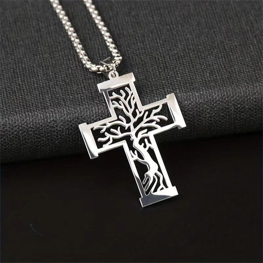 Minimalist Geometric Tree of Life Pendant Necklace in Stainless Steel with Polished Titanium Steel Charm on Standard Chain