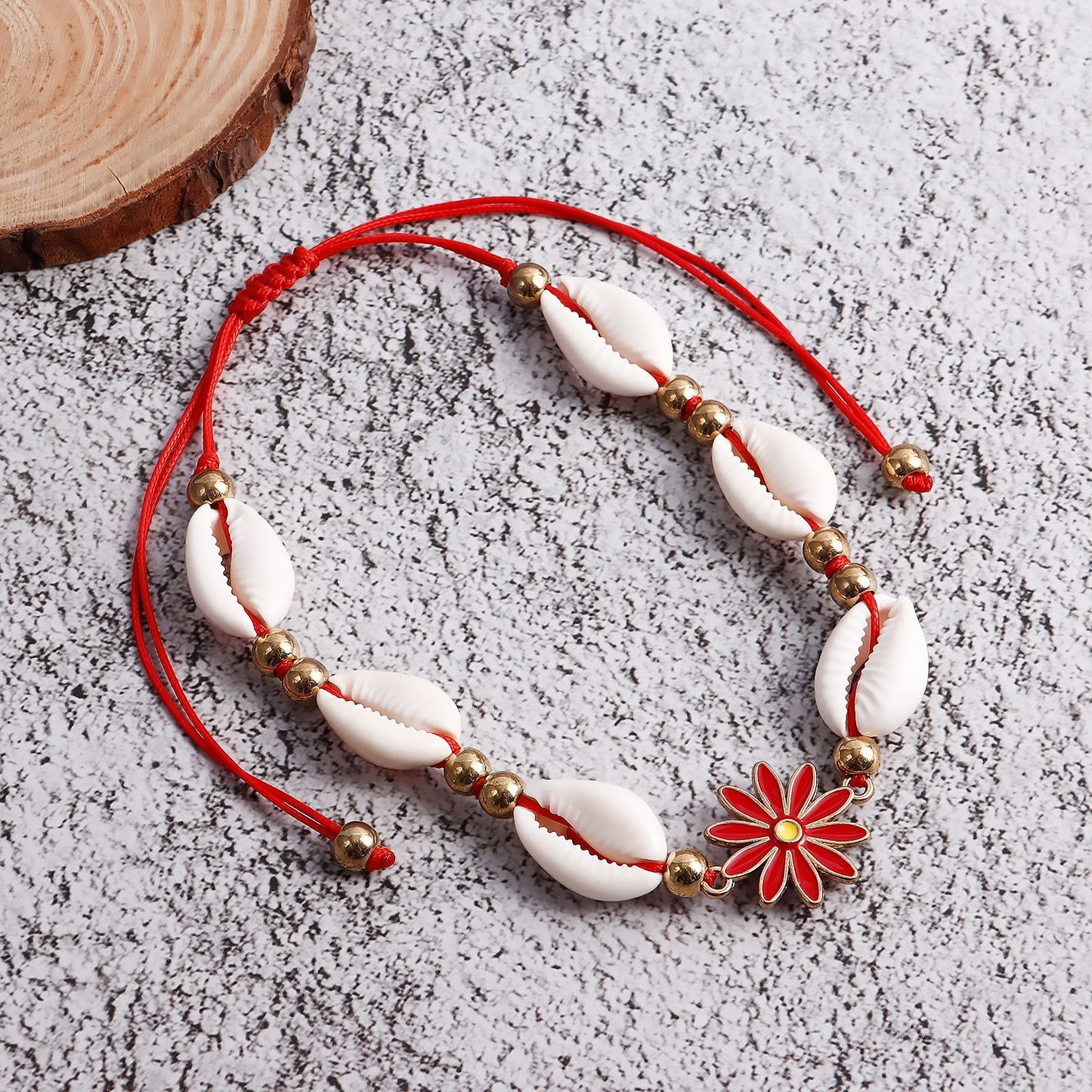 Bohemian-Inspired Adjustable Shell Anklet with Enamel Floral Design for Women