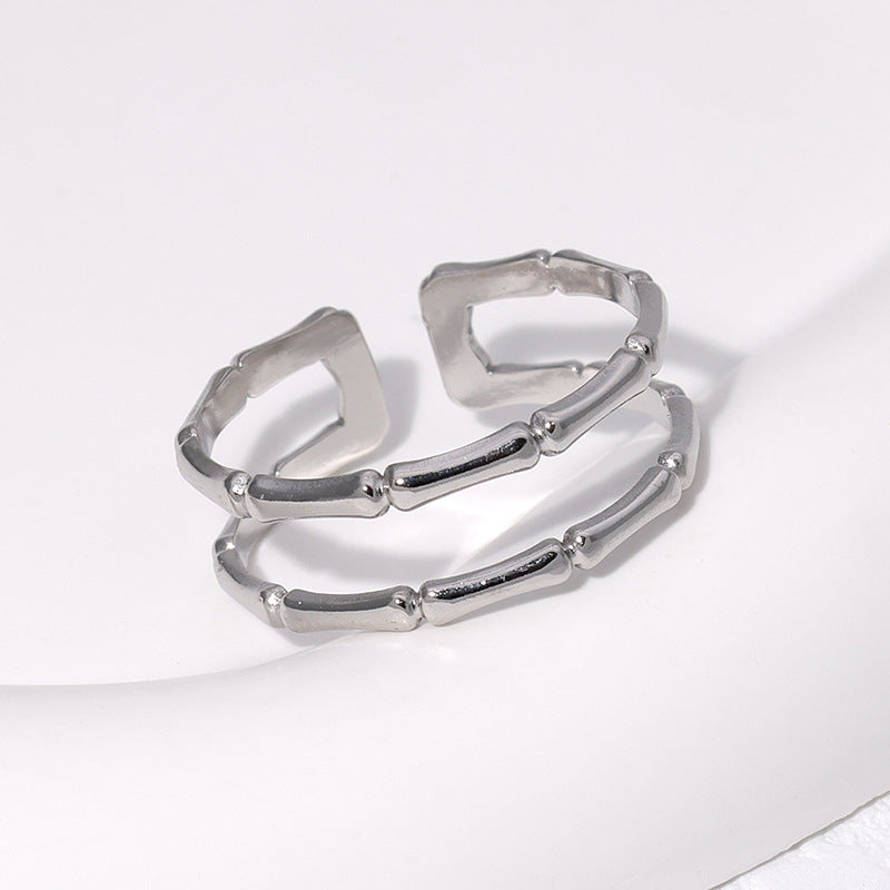 Anillo minimalista de bambú en acero inoxidable con acabado chapado, banda abierta ajustable para mujer