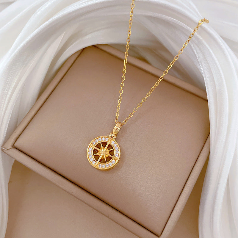 Collana unisex con ciondolo a fiore a stella geometrico in acciaio al titanio di lusso con strass