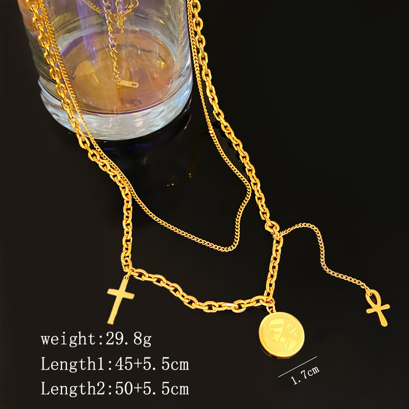 Layered Titanium Steel Round Cross Pendant Necklace Geometric Plated Chain for Men and Women