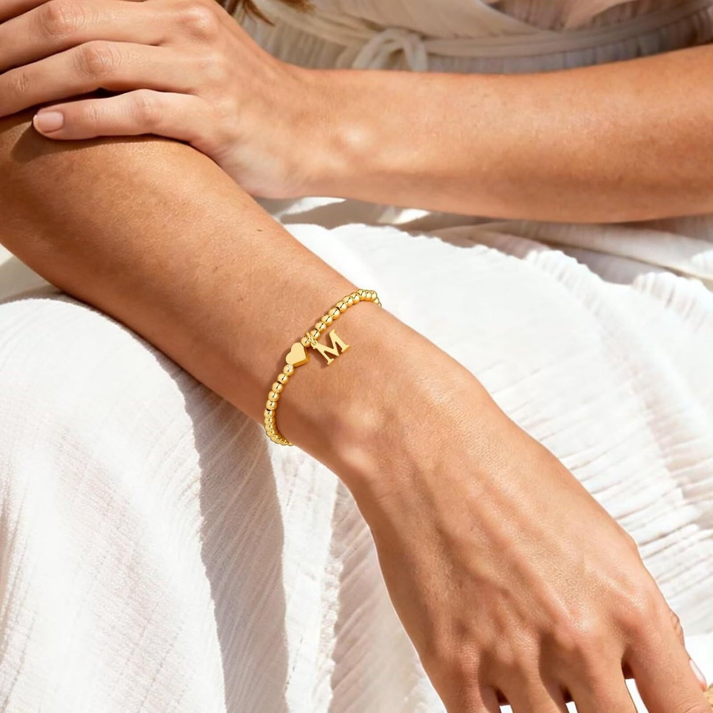 Gold Plated Stainless Steel Heart Letter Charm Bracelet for Women